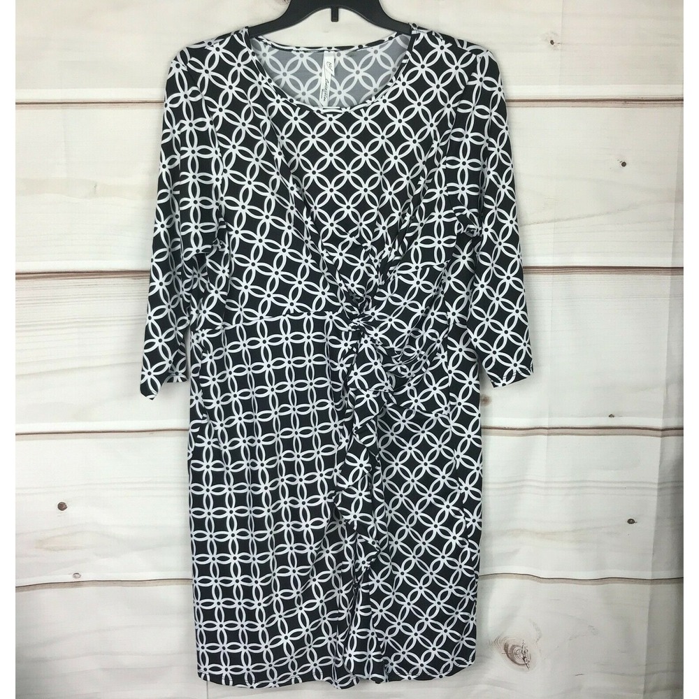 NY Collection Dress Women 3X Black Geometric Shift Twist-Front Ruffle 3/4 Sleeve
